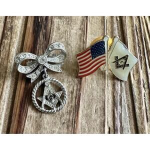 Signed ORA Vintage Masonic Rhinestone Brooch & PWII Flags Pin Mason